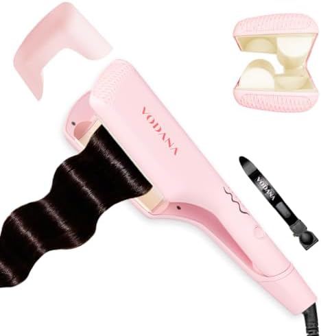 VODANA Professional Triple Flow Ceramic Hair Waver, Easy Beach Wave, Embedded, Light Double Barrel Wave Iron for Wide Deep Waves (1.25 inch, Pink Vanilla)