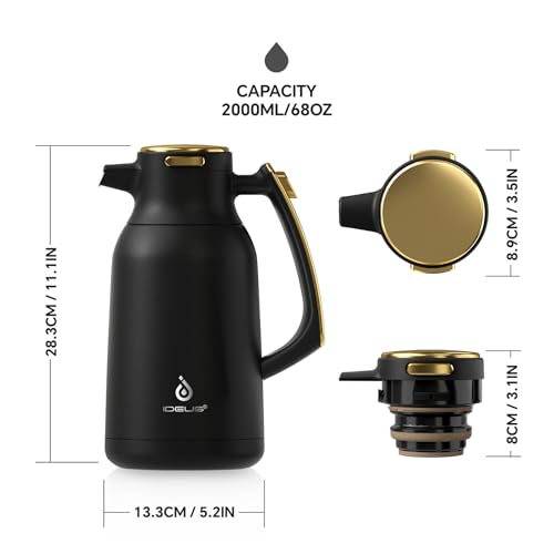 Image of IDEUS Thermal Coffee Carafe, Stainless Steel Double Wall Insulated Vacuum Flask, Water Jug Coffee Server and Beverage Dispenser, Heat and Cold Retention (Black-Gold, 68, Fluid Ounces)