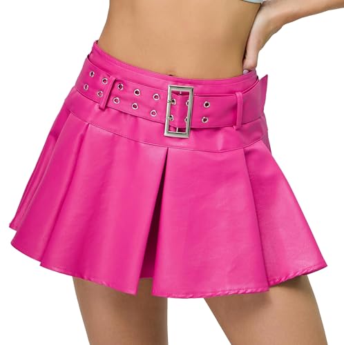 Kisidoo Y2K Mini Skirt Buckle Belted High Waisted Pleated Flare PU Faux Leather Short Goth Skirts for Women, A# Hot Pink, XL