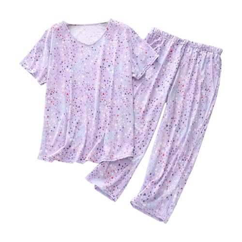 Conjunto de ropa de descanso, conjunto de pijama para mujer, camiseta casual de manga corta y pantalones cortos de 3/4 de longitud, lindo estampado de animales, conjunto de 2 piezas, cómodo cuello