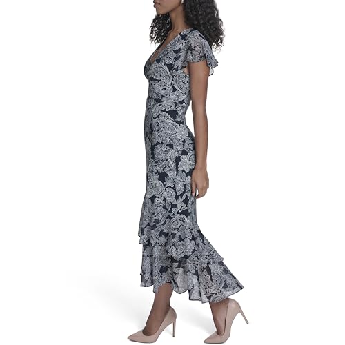 Image of Tommy Hilfiger Women's Flutter Sleeve V-Neck Ruffle Trim Hi-Lo Midi Dress