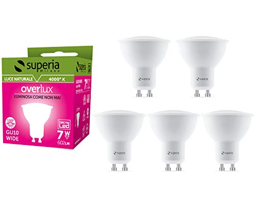 Superia Lampadina LED GU10 Wide, 7W (Equivalenti 70W), Luce Naturale 4000K, 600 lumen, WE6N, Pacco da 5