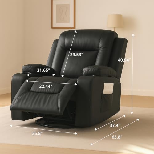 COMHOMA Recliner Chair,PU Rocking Chair for Adults,Swivel Recliner with Cup Holders Single Sofa Seat with Side Pockets for Living Room,Bedroom(Black) - Image 3