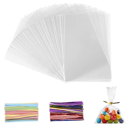 200 bolsas de celofán, 10 x 15 cm, bolsas transparentes para rellenar, bolsas transparentes con 200 cintas metálicas para caramelos, galletas, pan, frutas, etc. Perfecto para fiestas de regalo