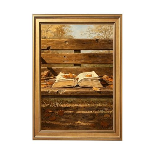 Framed Canvas Wall Art Autumn Leaves and Open Book Poster