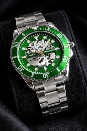 Image of AMERICANVIBER Luxury Diver Watch with Green Dial, Stainless Steel Band, Date Display, Quartz Movement