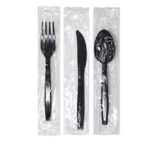 Progress Plastic Cutlery individually wrapped utensils Heavy Weight black disposable cutleryStrong Durable Bulk Plastic flatware set - Spoons Forks Knives 1000 count each