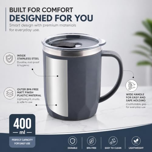Image of MAGIC SPOON Stainless Steel Travel Coffee Mug with Sipper Lid & Handle, Insulated Tea Cup, BPA-Free Double Wall Tumbler for Hot-Cold Beverages, Office, Home, Car- Beige-Grey, (Combo Pack (400ml X 2))