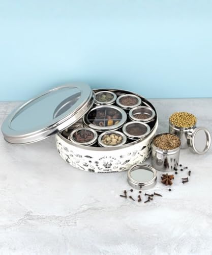 Image of MARU 12-in-1 Printed Stainless Steel Masala Dabba for Kitchen, Elegant and Durable Spice Box with See-Through Individual Lids, Ideal Kitchen Organizer for Storing All Herbs, Spices, and Seasonings