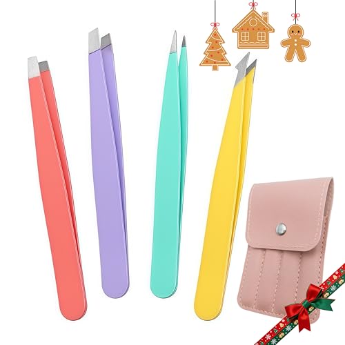 [4+1 Pieces] Tweezers set with pink travel case,Professional Facial Hair Tweezers,Daily Grooming & Plucking Tools for Men & Women,Multi-purpose as Eyebrows Facial Hair Ingrown Hair Removal,Fine Gifts