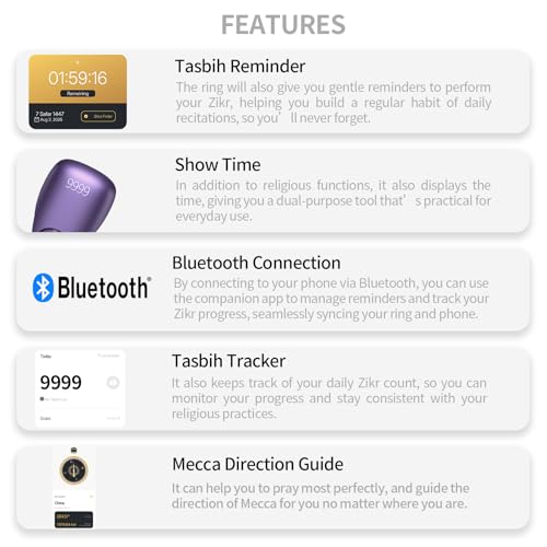 Image of XG.&co Zikr Smart Ring,Adjustable Ring Finger Counter, Tasbeeh Counters, Prayer Direction Indicator Guide,5 Azan Alarm Clock, APP Support Eid al-Fitr Eid Muslims (Purple Faith+)