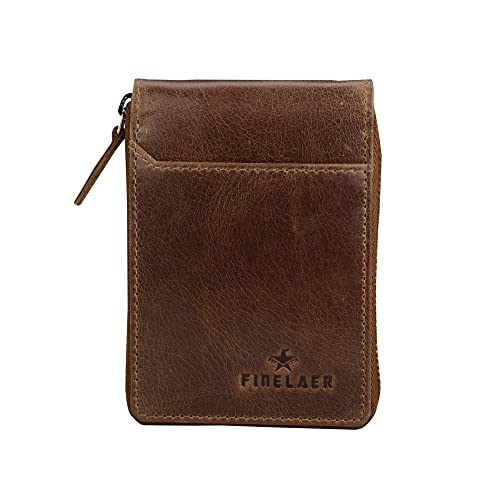 FINELAER Leather 9 Slot Vertical Credit Debit Card Holder Money Wallet Zipper Coin Purse for Men Women (Brown Stag)