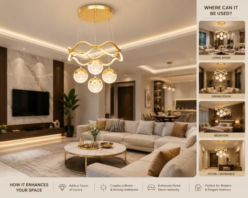 Image of Elegant Chandelier Ceiling Light for Living Room Hanging Pendant Light | Italian K9 Crystals | Metal Frame | Adjustable LED Light-Pack of 1 (4 Ball Light-Gold)