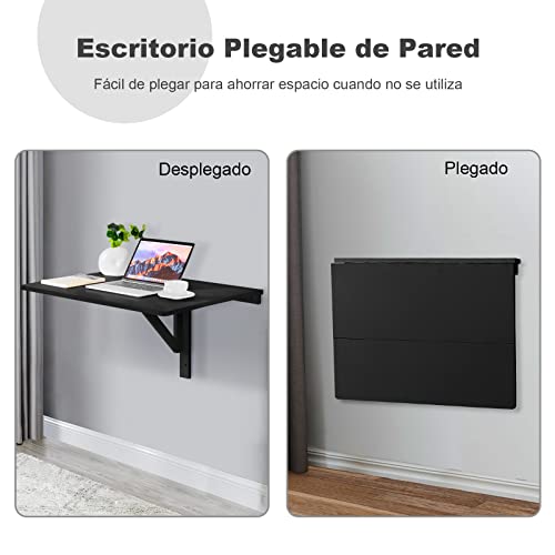 COSTWAY Mesa Plegable Pared de 80 cm x 60 cm, Escritorio Flotante para Espacios Pequeños, Estación de Trabajo Plegable para Cocina, Dormitorio, Lavadero, Estudio (Negro) - imagen 7