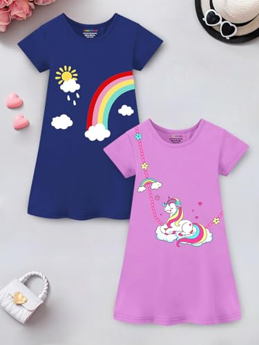 Image of Trampoline Girls Midi Dress Combo | Half Sleeve Cotton Dresses with Fun Prints | Soft & Stylish Everyday Outfits for Kids | Pack of 2