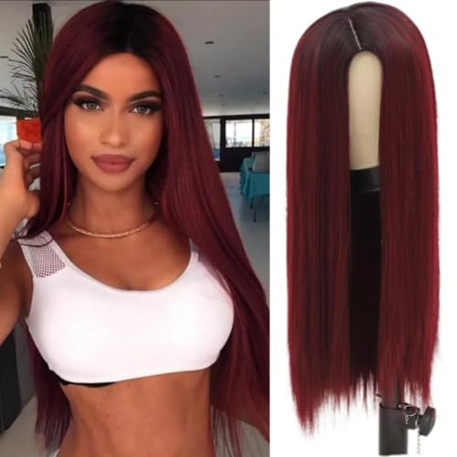 Siudus Rot Lang Gerad Perücke für Damen Dunkle Wurzeln Burgunder Perücken Halloween Tägliche Synthetische Haar Perücke