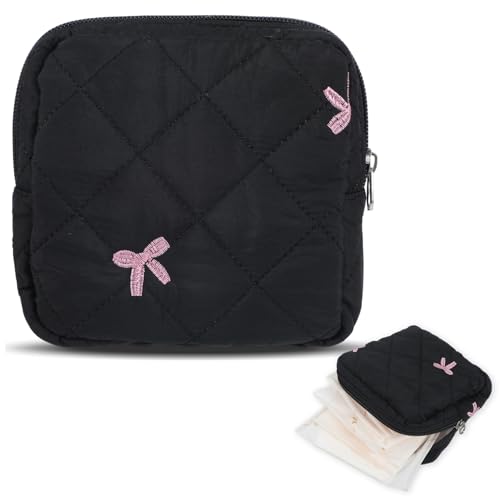 Portable Period Bags for Girls, Cute Bow Period Pouch for Pads Sanitary Napkins Small Tampons, Sanitary Napkin Storage Bag First Gifts for Girls (Black)