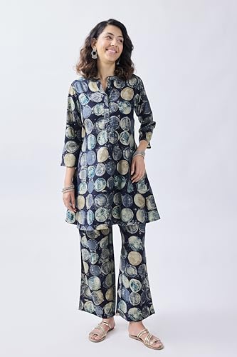 Image of Cicica Co Ord Set for Women | Two Piece Co-Ord Set | Western Co-Ords Set | Women's 2 Piece Set | A line | Trendy Long | Navy Blue | Geometric Printed Payjama Set