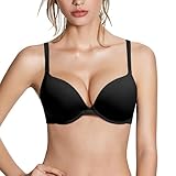 Pushlus Push Up Dick Gepolstert Plunge Bügel T Shirt Spitze BH Lift Unterstützung für Frauen Hinzufügen Einer Tasse, Einfarbiger schwarzer BH, 65C
