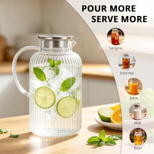 Image of Bivvclaz 2.6 Liter 88 oz Stripes Glass Pitcher with Lid and Handle