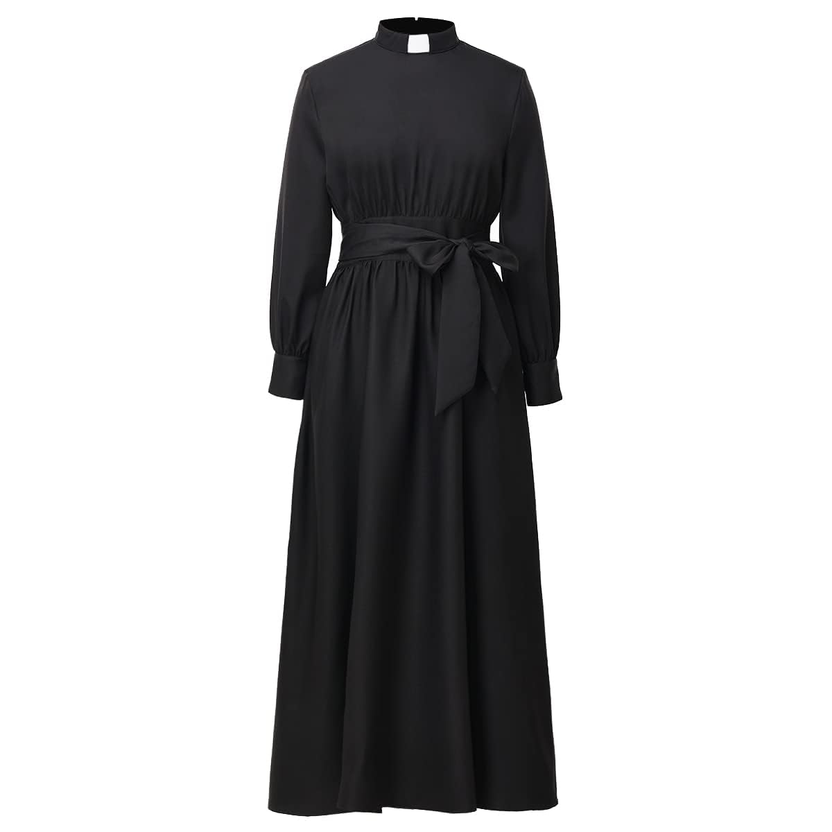 CAMDOM Clergy Dress for Women A Line Elegant Maxi Dress Long Sleeve Modest Church Dresses Priest Costume with Collar and Belt