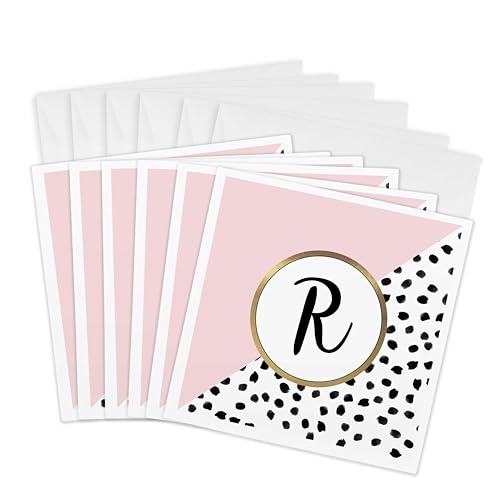 Cartes de vœux lettre R rose et pois noirs - Lot de 6 pour accompagner vos cadeaux