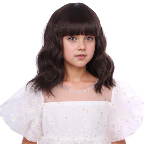 Image of Dark Brown Wig for Kids Girls Short Chocolate Brown Wavy Curly Wig Brown Wigs with Air Bangs for Children Heat Resistant Synthetic Wigs with Cap