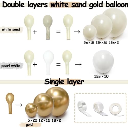 Image of Beige Gold Balloons Double Stuffed Sand White Balloon Garland Pearl White Cream Metallic Gold Balloon Arch Kit for Birthday Wedding Bridal Anniversary Boho Baby Shower Party Decorations
