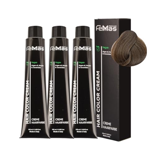 FemMas Haarfarbe 3x Mittelblond Asch 7.1 I Creme Haarfarbe mit Arganöl, Keratin & Ceramiden I Als dauerhafte Haarfärbung oder Tönung für strahlende, haltbare Farbergebnisse I 100 ml