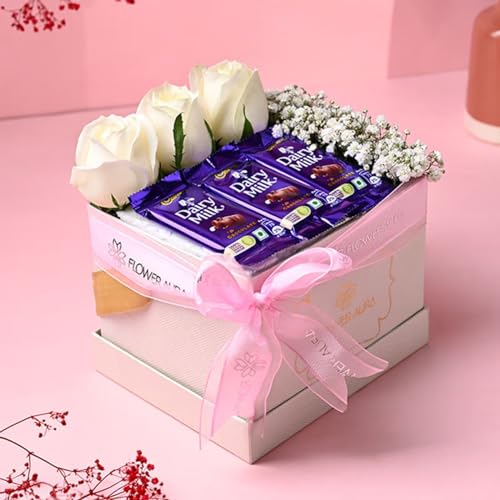 Floweraura ' Designer Fresh Live 2 White Roses With 3 Chocolate In Fa Box For Valentine'S Day Gift, Birthday Gift, Anniversary Gift, Mother'S Day Gift & Women'S Day Gift (Same Day Delivery) '