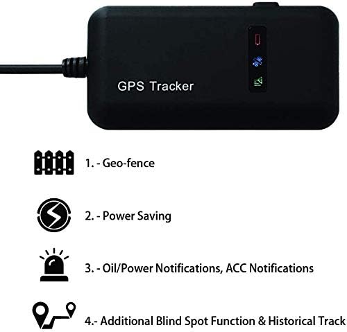 Icons representing Geo-fence, Power Saving, Oil/Power Notifications, ACC Notifications, and Additional Blind Spot Function & Historical Track.
