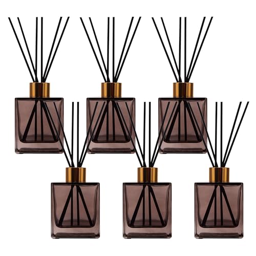 6 Pack Perfume Reed Diffuser Bottle,Empty Square Essential Oil Bottles Glass Jar with Black Sticks for DIY Fragrance Replacement Diffuser Sets (200ml/6.7oz, Brown Color)
