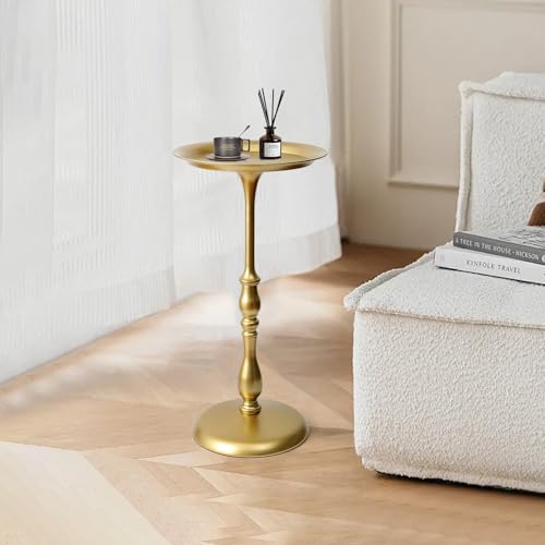 SUJUN Gold Small Round Metal Side Table 24.2 Height Vintage Accent End Table for Living Room Bedroom or Patio Sturdy Iron Pedestal Nightstand for Sofa Corner Bedside or Outdoor Use