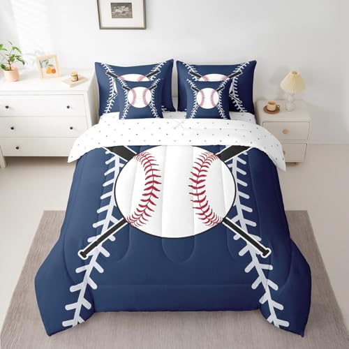 Feelyou Softball Comforter Set Twin Size 7 Pieces Baseball Bedding Set for All Season Baseball Gaming Sports Theme Navy Blue Bed in a Bag with Comforter, Sheets, Pillowcases & Cushion Cover