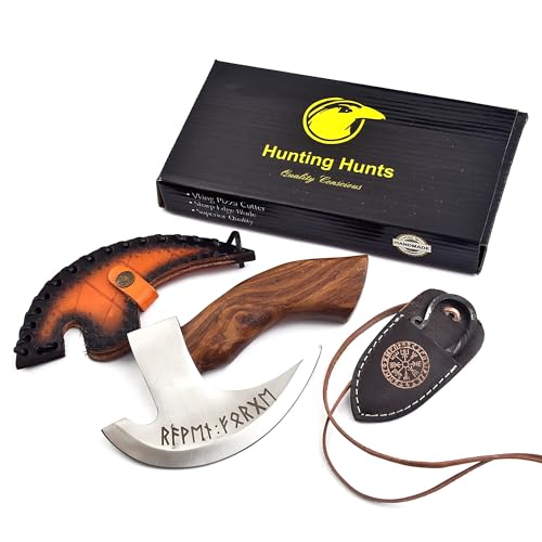 Handmade Viking Pizza Cutter – Carbon Steel Axe Blade with Rosewood Handle & Leather Sheath – Small Kitchen Knife for Pizza, Cooking, Camping & Gift for Food Lovers