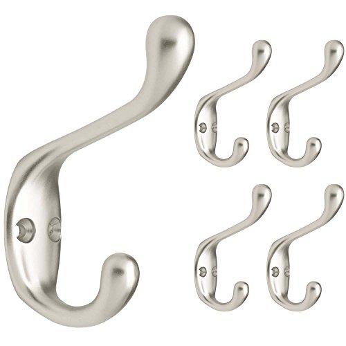 Franklin Brass Heavy Duty (5-Pack) Coat and Hat Wall Hooks Double Hooks for Hanging Matte Nickel Wall Mount Hanger Backpack, Purse, Bag, Towel Organization Decorative Wall Hooks FBCHH5-MN-C