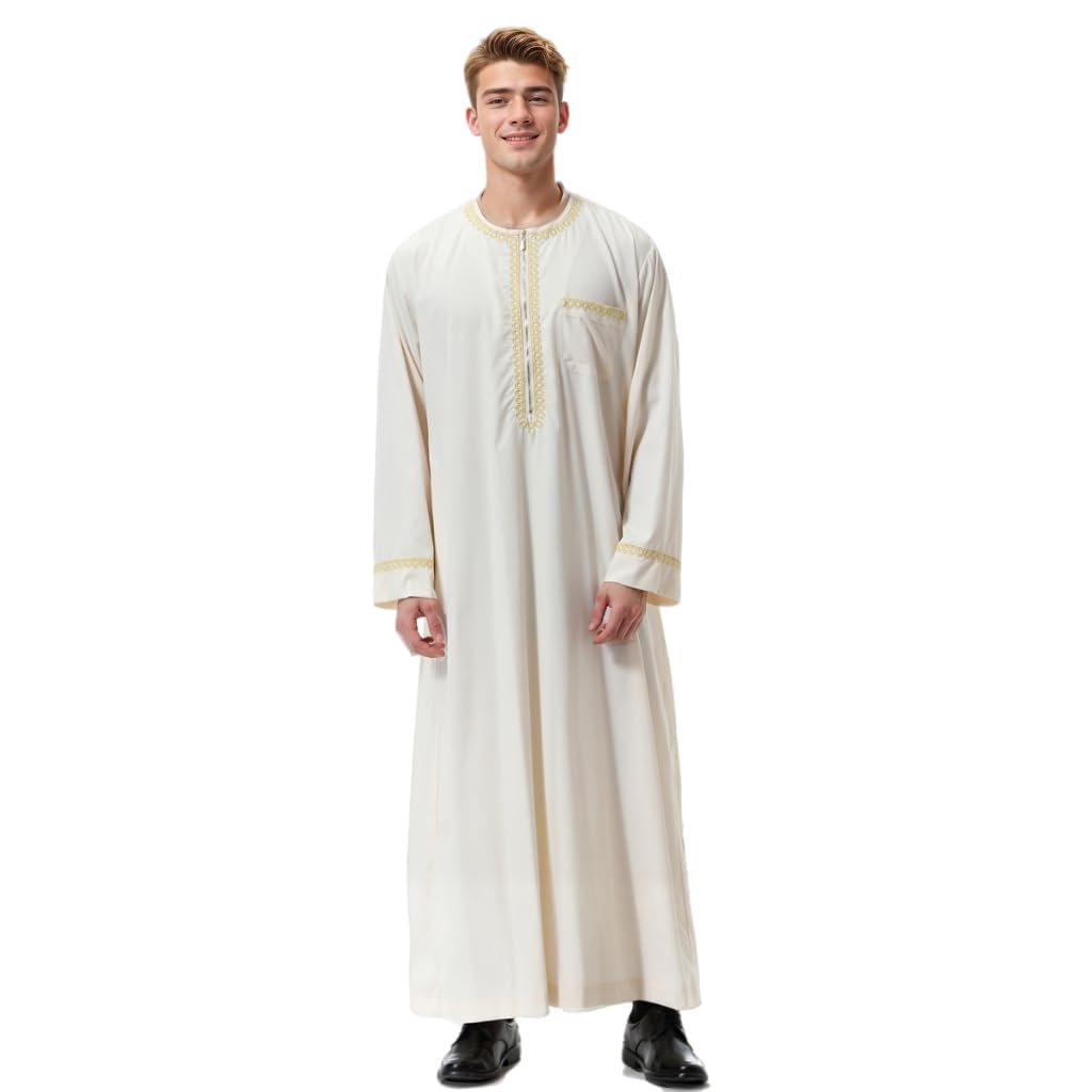 CAMDOM Vestido Thobe Árabe para Hombre,Túnica Kaftan Islámico Largo Casual,Cuello en V Holgado,Ropa Tradicional Musulmana para Eid, Ramadán, Bodas