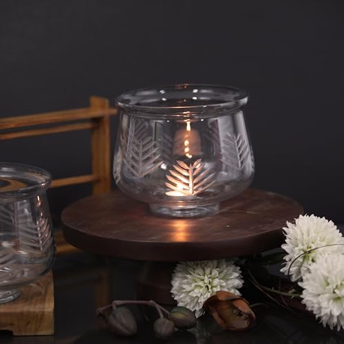 Image of KALAKRITI Bell Shape Glass Flower Vase 6 Inch | Transparent Flower Vase with Frosted Leaf Etched Pattern | Decorative Modern Table Centerpiece for Home, Living Room, Bedroom & Office Decor - Pack of 1