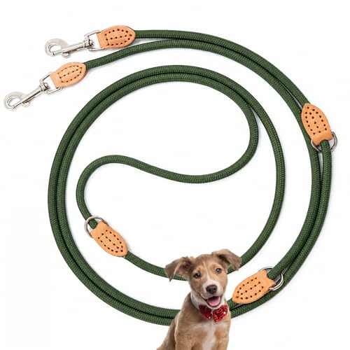 LeileiPaws Verstellbare Multifunktions-Hundeleine 2m&3m aus Nylon&Leder – Führleine, Umhängeleine & Hüftleine für kleine, mittelgroße & große Hunde – Robuste Leine (Olivgrün, 3m x 0.8cm)