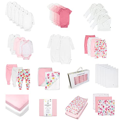 HonestBaby 50-piece Oh Baby Gift Set Newborn Essentials Gift Box 100% Organic Cotton for Infant Baby Boys, Girls, Unisex, Rose Blossom, Newborn