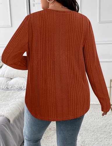 Image of Koscacy Women Plus Size Casual Knit Sweater with Pocket V Neck Solid Color Tops Lightweight Long Sleeve Blouses