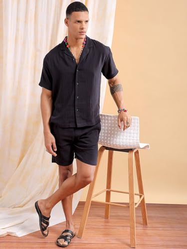 Image of The Indian Garage Co Men Regular Fit Solid Resort Wear Shirt & Boxers Co-ords Set