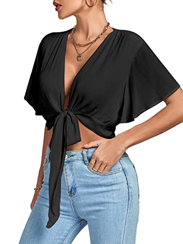 Image of LYANER Women's Sexy Deep V Neck Tie Front Wrap Cropped Blouse Bell Short Sleeve Ruffle Crop Tops