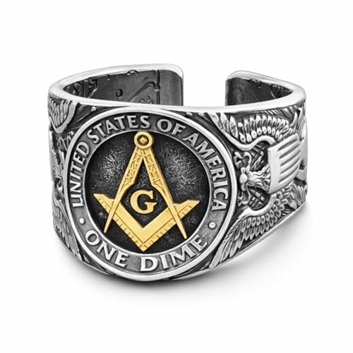 MongravaBowls Freemason Signet Ring – Handcrafted Adjustable 1964 JFK Half Dollar & 1952 Roosevelt Dime, Double-Sided Freemasonry Symbol, Unique Silver Coin Jewelry for Men & Women