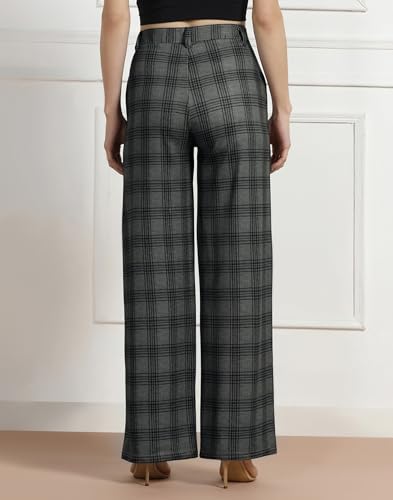 Image of Selvia Women's Straight Leg Printed Checks Pants with Pockets Comfort Fit Trousers