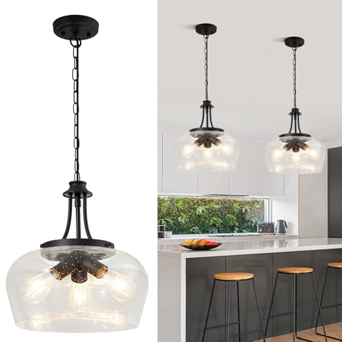 Image of Modern Pendant Lights Kitchen Island, 3-Light Black Pendant Light Fixtures with 14.2 inch Clear Air Bubble Glass Shade, Industrial Hanging Pendant Lights Fixture for Kitchen Island, Dining Room, Entryway