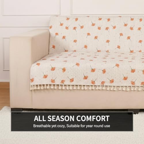 Image of STITCHNEST Quilted Velvet Sofa Cover with Tassels - 24x60 Inch, Orange Floral Print with Stripes, Soft & Elegant, Washable Sofa Protector for 1-Seater