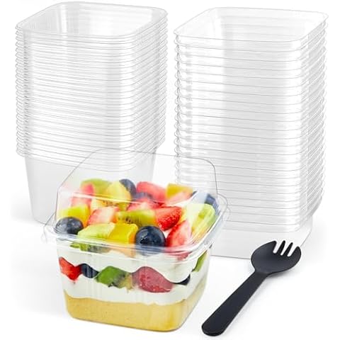 Zezzxu 50 Pack 8 oz Plastic Dessert Cups with Lids and Sporks, Square Parfait Cups with Spoons Cake Containers for Pudding, Yogurt Fruit, Mousse, Trifle and Ice Cream Cover