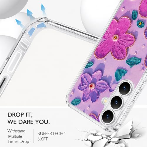 Image of Elzzi Compatible with Samsung S26 Case Laser Flower Oil Painting Cute Colorful Blue Ray Bumper with Full Camera Protection Shockproof PC+TPU Glossy Shiny Cover for Girls Women, Pink & Purple