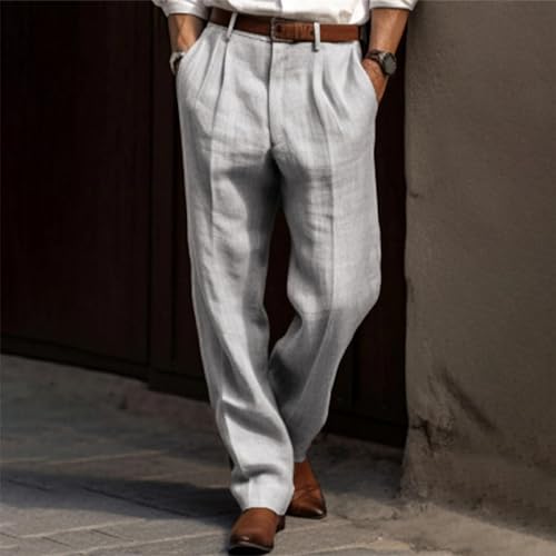 Mens Pleated Front Casual Pants Solid Twill Linen Dress Pant Loose Fit Straight Legs Elastic Waist Trousers for Men2